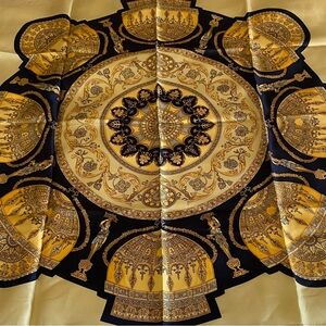 Vintage Camargue Italian Silk Scarf - Ornate Gold & Navy Baroque Design